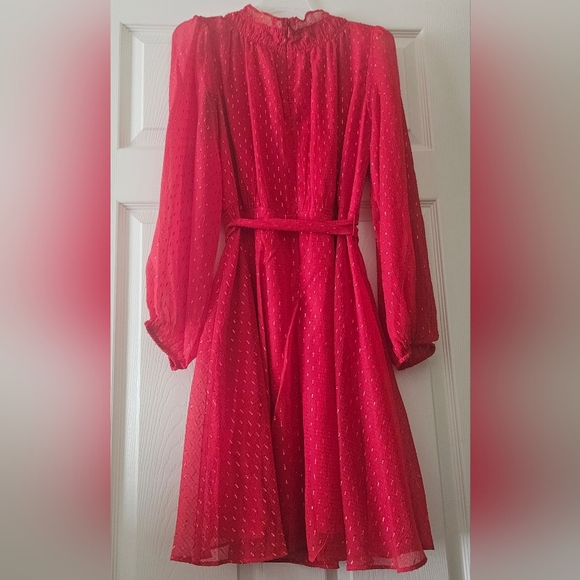 DKNY Red glitter ruffled dress Balloon sleeve with belt at waist size 10 - Picture 5 of 10